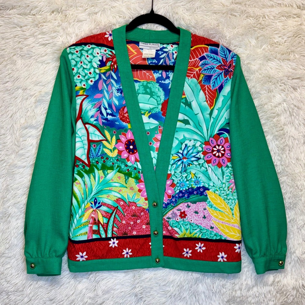 Vintage 80's Three Flaggs Tropical Bold Floral Cardigan Green‎ Gold Button Sz 6